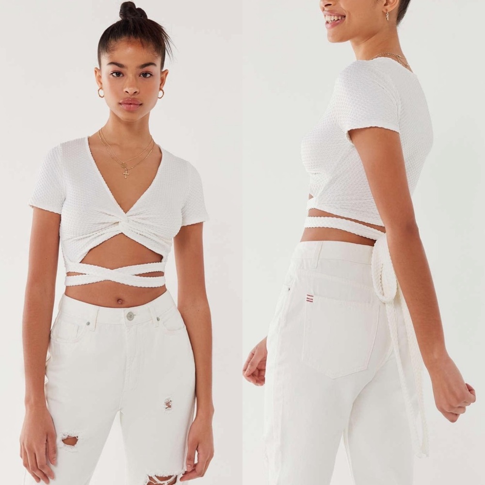 Urban Outfitters White Textured Twist-Front Crop Top
